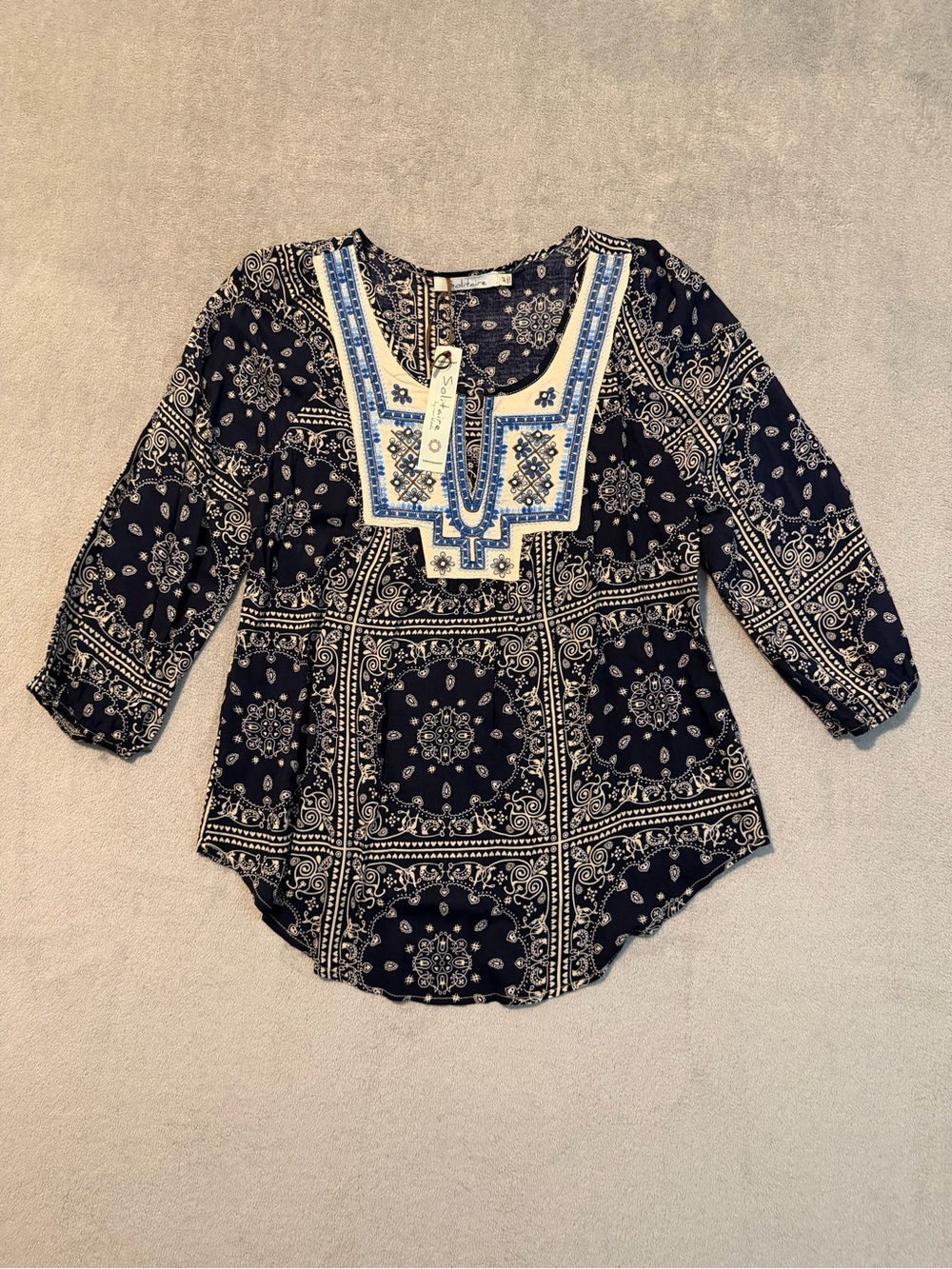 NWT Solitaire Embroidered Paisley Print Boho CottonPeasant Blouse Top Size M
